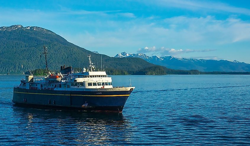 A small ferry that services small communities along the Alaska Marine Highway System, near Juneau, Alaska.