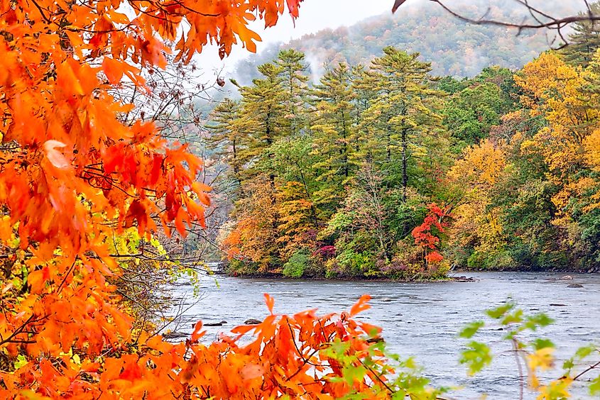 Fall season in the Housatonic River in the Litchfield Hills of Connecticut.