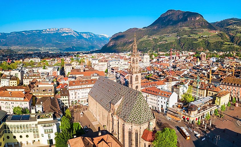 Bolzano Cathedral or Duomo di Bolzano aerial panoramic view, located in Bolzano city in South Tyrol, Italy