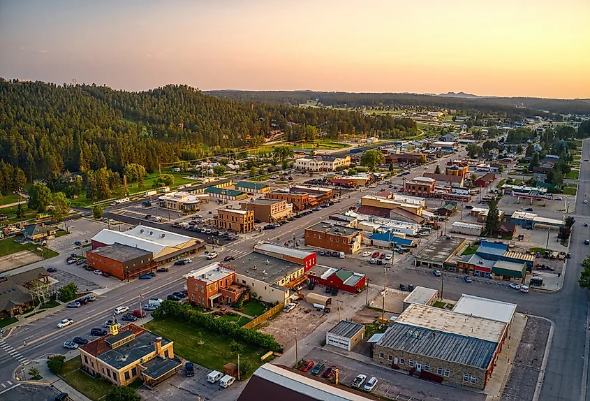 Aerial View of Custer, South Dakota at sunset.