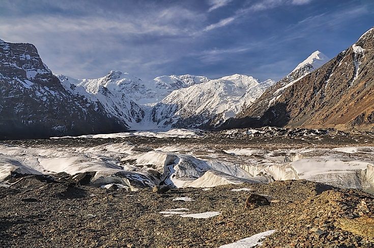 The Engilchek Glacier among the Tian Shan mountains of Kyrgyzstan.