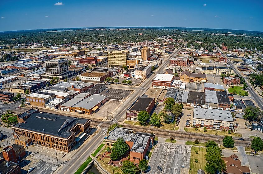 Aerial view of downtown Hutchinson, Kansas, captured during the summer season.