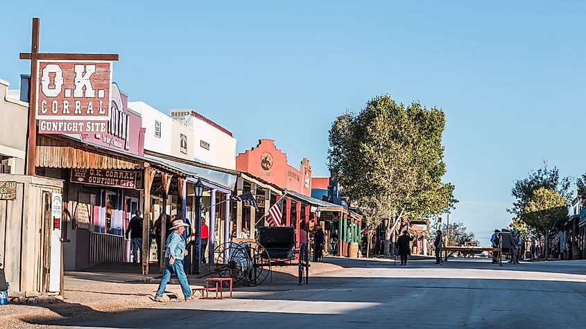 Allen Street in historic Tombstone, Arizona: View with cowboys and tourists.