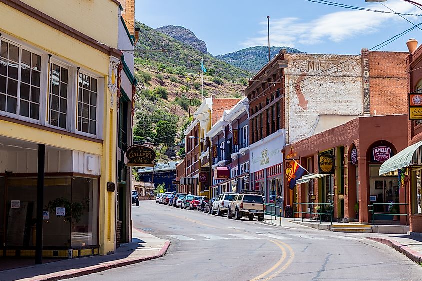 Main St store fronts in down town Bisbee, Arizona. Editorial credit: D.J. Wednesday / Shutterstock.com