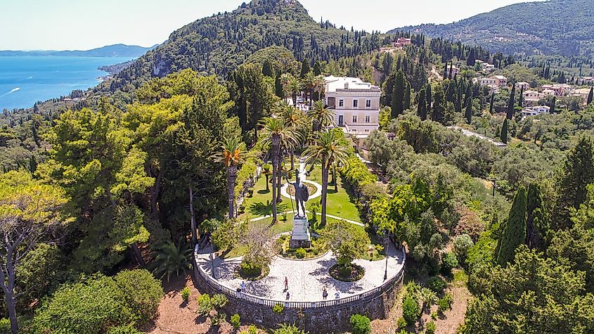 Achilleion Palace with statue of Achilles on Corfu island in Greece.