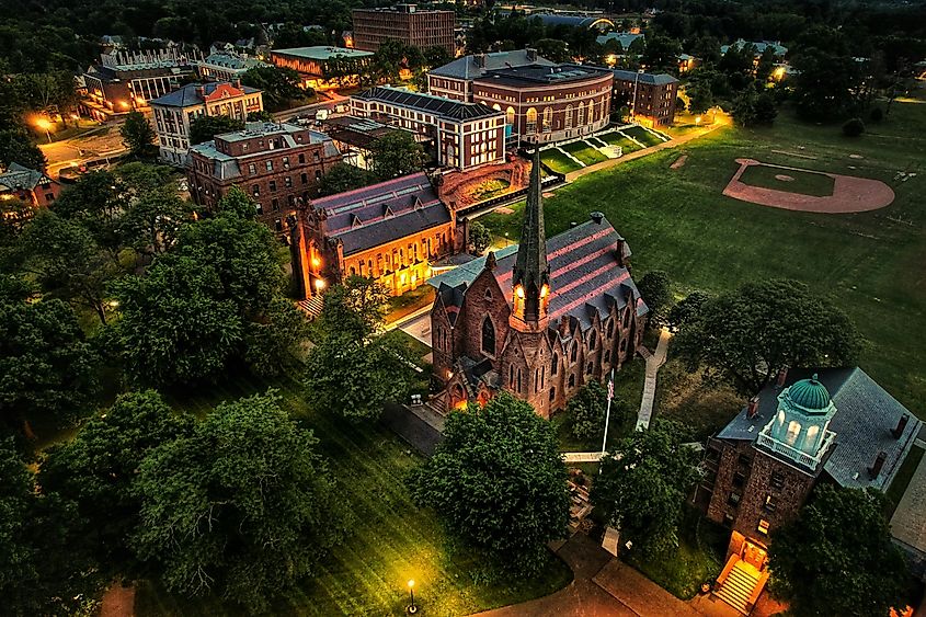 Aerial view of Memorial Chapel at Wesleyan University in Middletown Connecticut