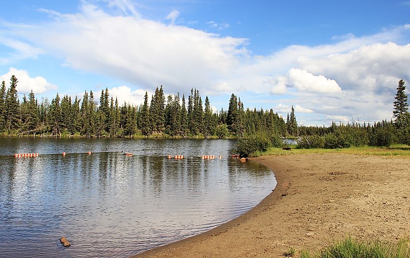 Moon Lake State Recreational Site in Alaska, featuring a tranquil lake surrounded by dense forest.