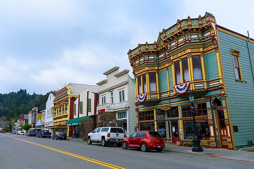 Victorian storefronts building line the Ferndale Main Street Historic District - Ferndale, California, USA. Editorial credit: Michael Vi / Shutterstock.com