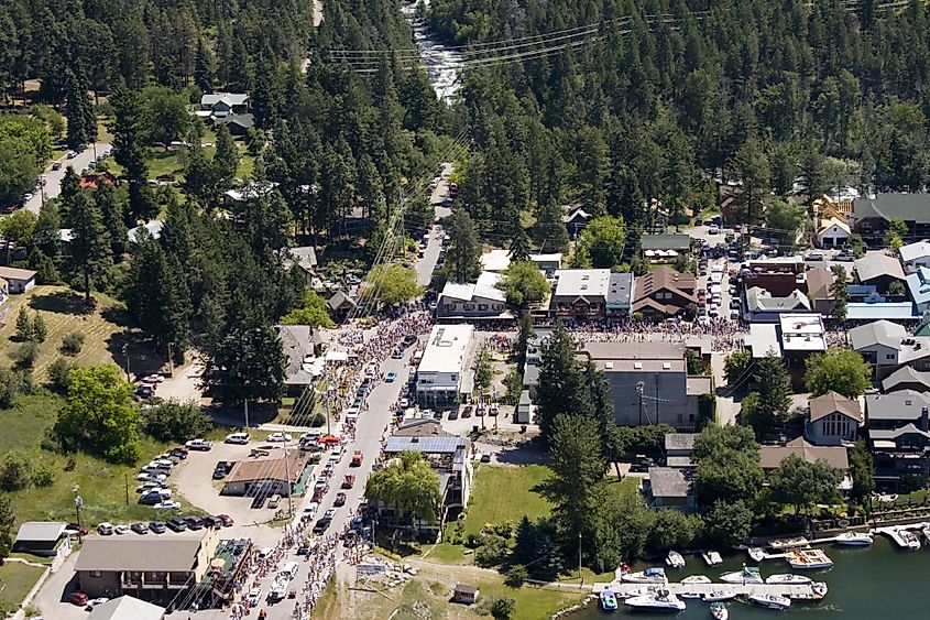 Aerial view of Big Fork, Montana, during the Independence Day Parade