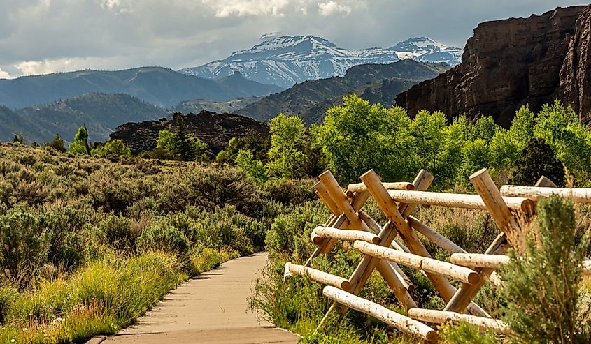 Roadside pullout along Buffalo Bill Cody Scenic Byway has nice walking trails and incredible views of surrounding mountains in the Shoshone National Forest outside Cody, Wyoming