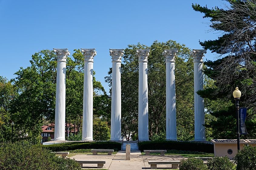 These columns are all that remain of the original Westminster Hall on Westminster College campus. Editorial credit: Rosemarie Mosteller / Shutterstock.com