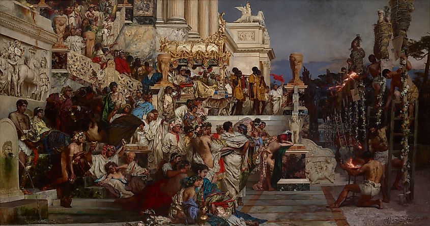 Nero's Torches, by Henryk Siemiradzki (1876). According to Tacitus, Nero used Christians as human torches