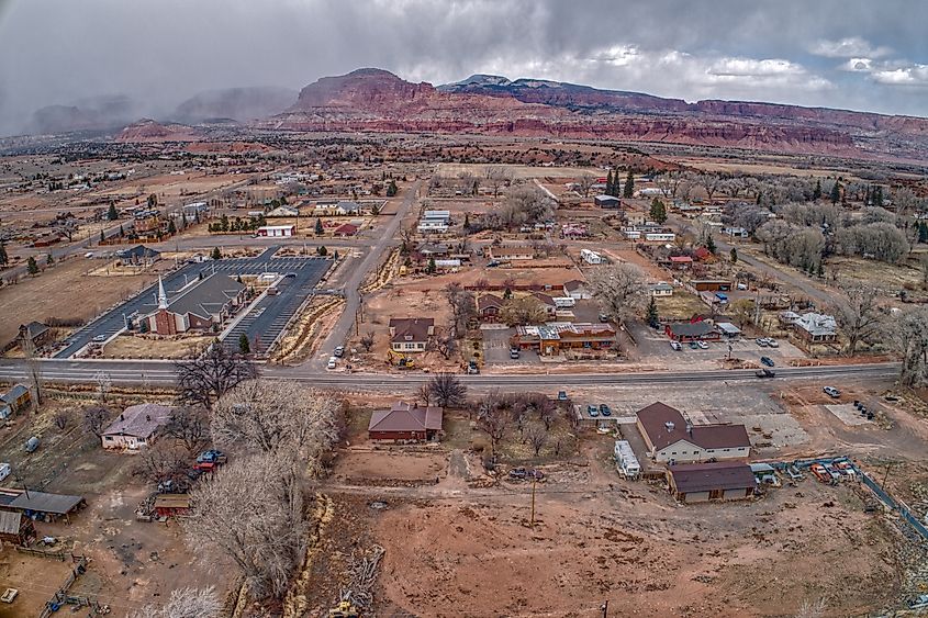 Aerial view of Torrey, Utah, in early spring