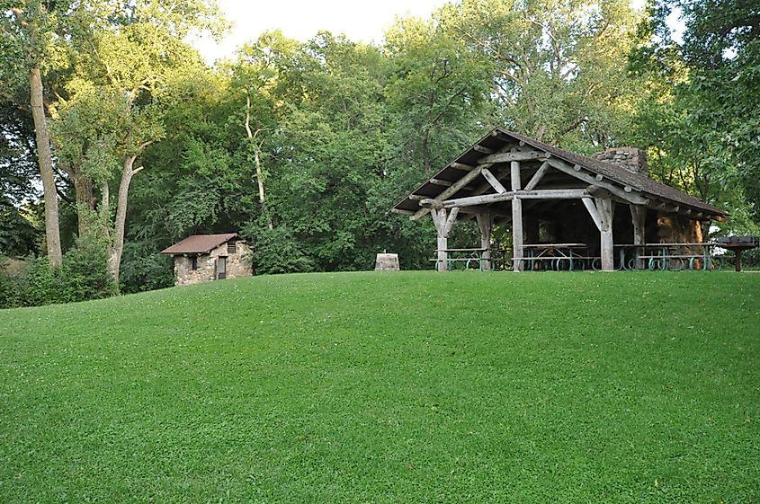 The "30 Acre Shelter," a CCC-built picnic pavilion near the boat launch on the south side of Black Hawk Lake in Blackhawk State Park, Black Hawk Preserve (Area B), near Lake View, Iowa