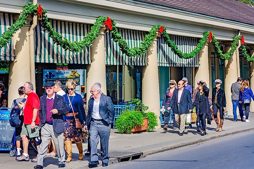 Tourists shop for Christmas at the French Market in New Orleans, Louisiana.