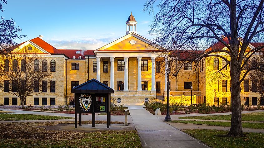 Iconic Picken Hall on the campus of Fort Hays State University in Kansas.