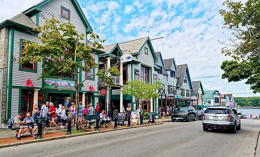 A sidewalk scene in Bar Harbor, Maine.