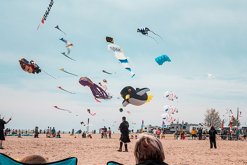 Lots of kites being flowing at a kite festival in Grand Haven Michigan