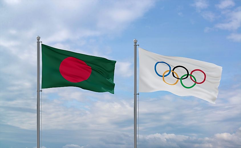 Olympic Games and Bangladesh flags waving together