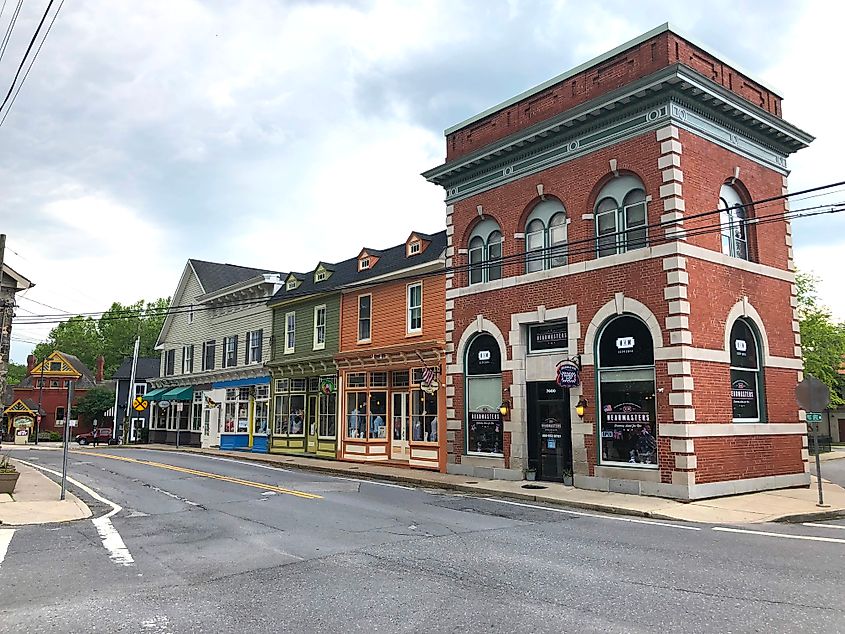 Historical storefronts in Sykesville, Maryland