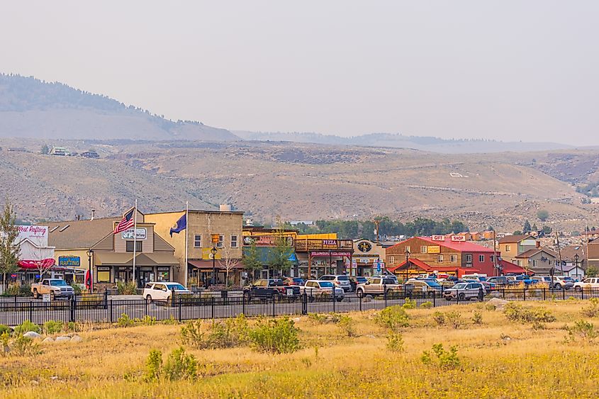 View of the village of Gardiner, Montana, at the entrance to Yellowstone National Park, located at the border between Montana and Wyoming.