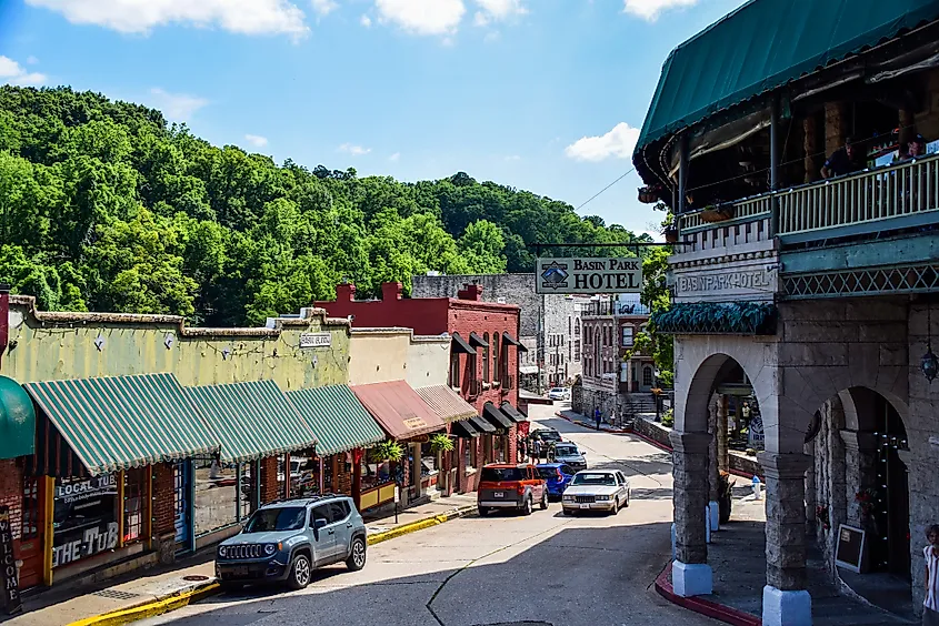 Historic downtown Eureka Springs with boutique shops and famous buildings.