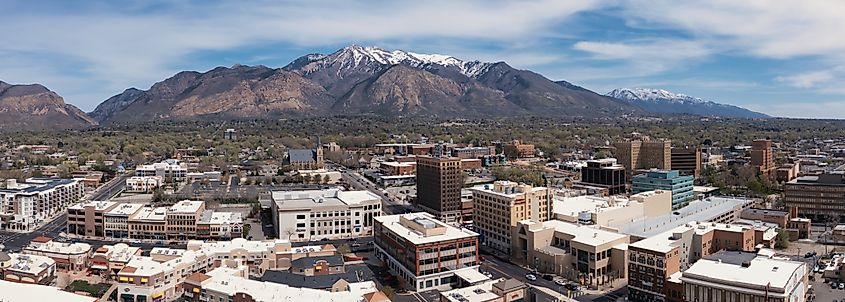 Ogden, Utah, USA. Aerial panorama with Wasatch Mountains in distance.