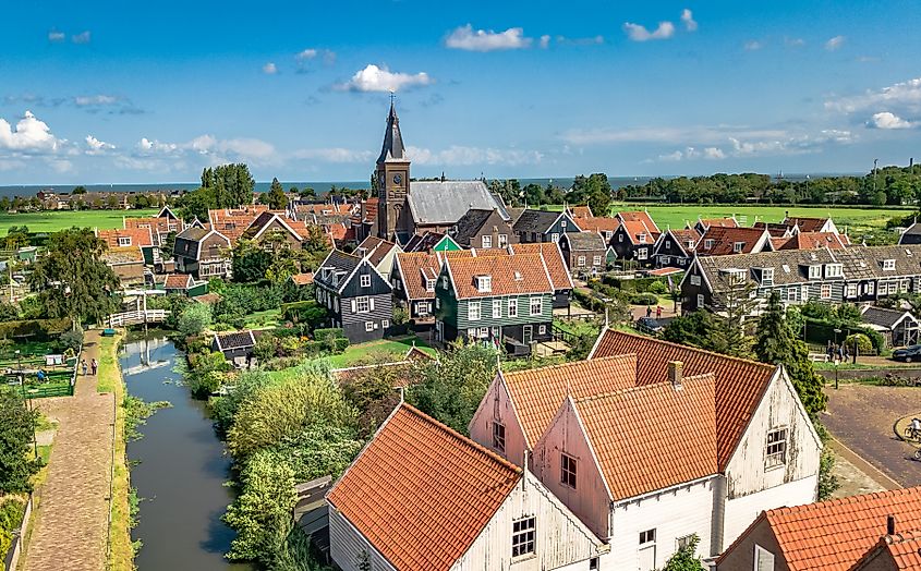 Aerial drone view of Marken Island in North Holland, Netherlands