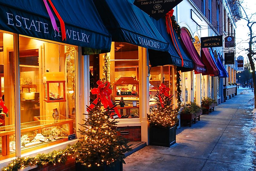 Christmas lights and decorations shine in Woodstock, Vermont's downtown district. Editorial credit: James Kirkikis / Shutterstock.com