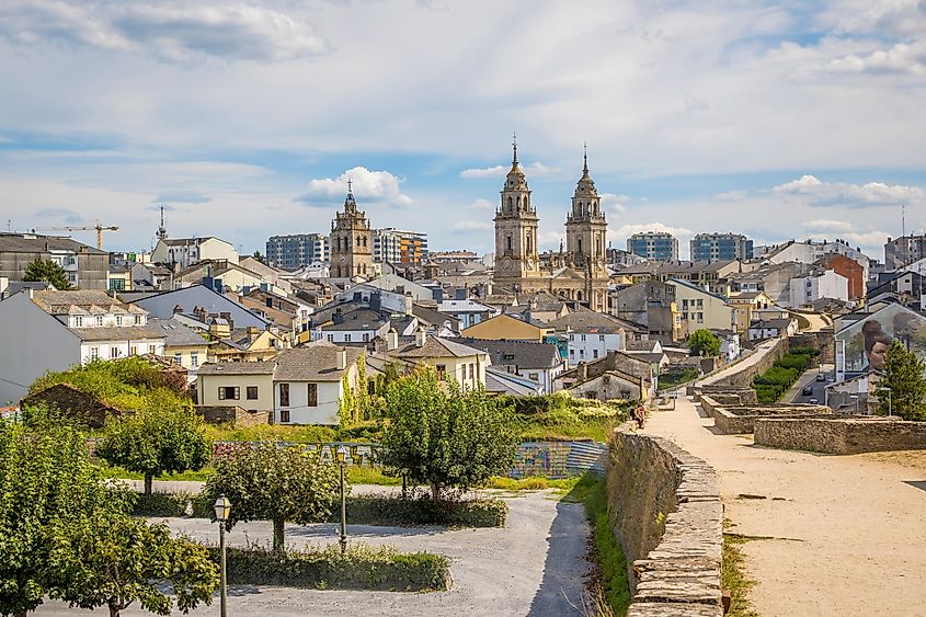 View of Lugo, with Roman fortified wall and cathedral.