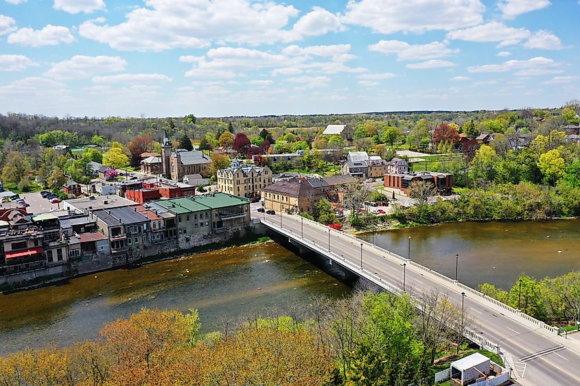 An aerial view of downtown Paris, Ontario, Canada.