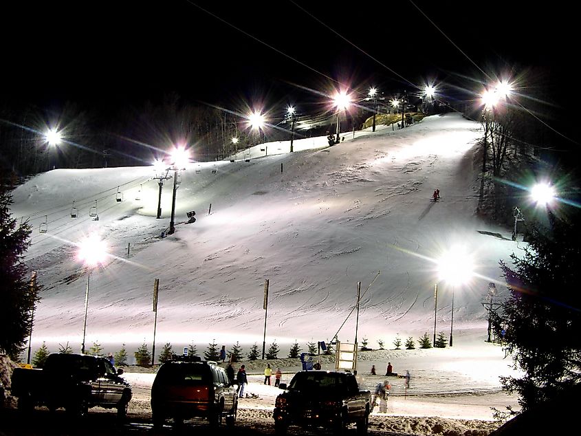 Crystal Mountain Ski resort in Michigan on a cold winter night.