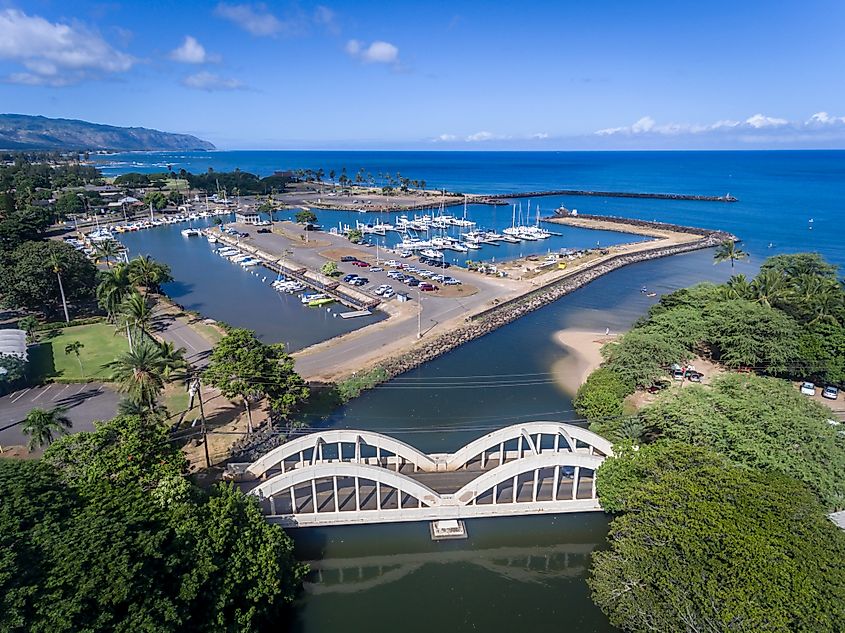 Aerial view of Anahulu Bridge and stream in Hale'iwa town Hawaii.