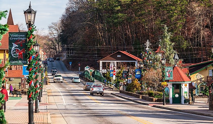 View of the Main street with Christmas decorations in bright sunny day in Helen, Georgia.