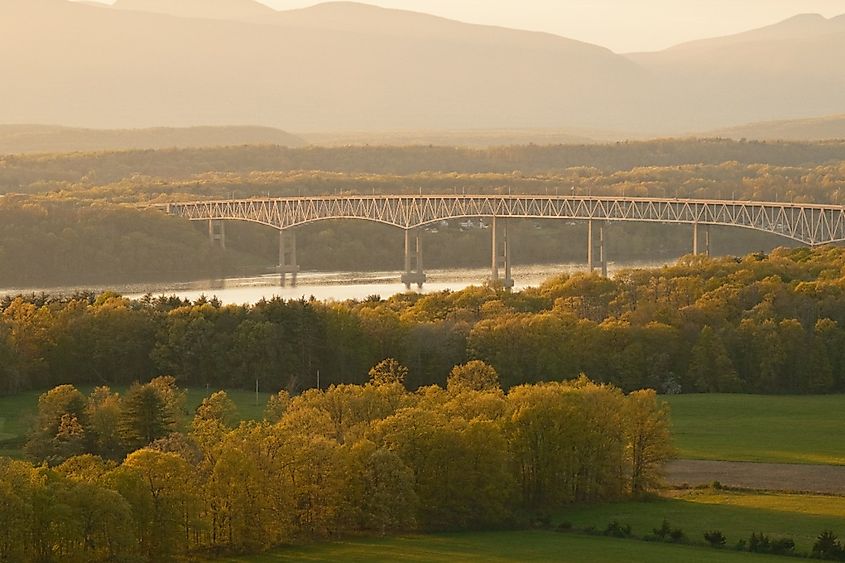 View of the Kingston-Rhinecliff Bridge and Hudson River from the fire tower on Mount Rutsen, in Ferncliff Forest, Rhinebeck, New York