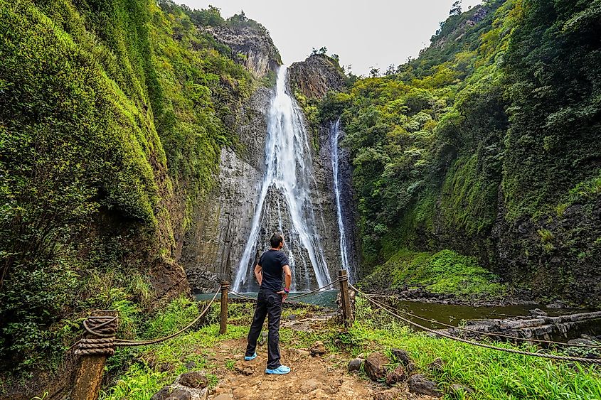 Man contemplating the Manawaiopuna waterfall aka Jurassic Falls in Hanapepe Valley in the center of Kauai island, Hawaii