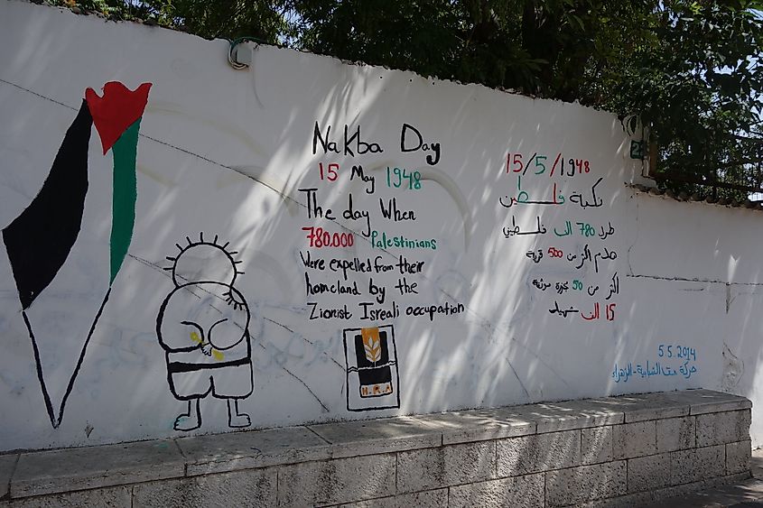 Graffiti on a wall in Nazareth, Israel, highlighting the 1948 Nakba event. Source: Wikimedia/PRA