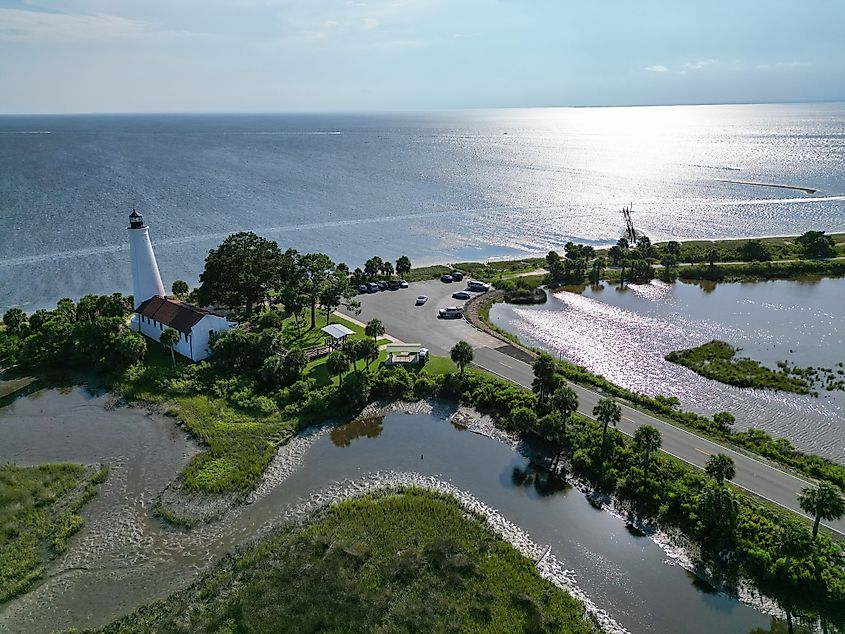 Aerial drone view of St. Marks Lighthouse in St. Marks, Florida.