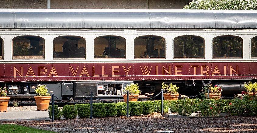 The Napa Valley Wine Train transports people to various wineries throughout the valley in St. Helena, California.