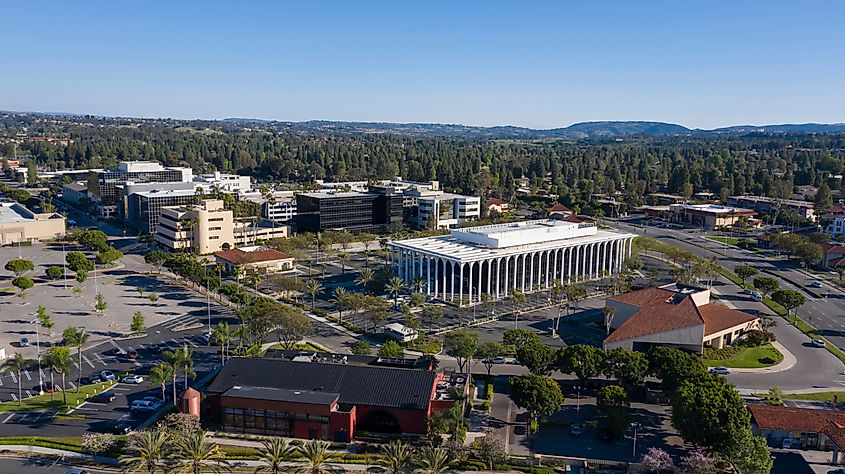 Daytime aerial view of the downtown area of Laguna Woods, California, USA.