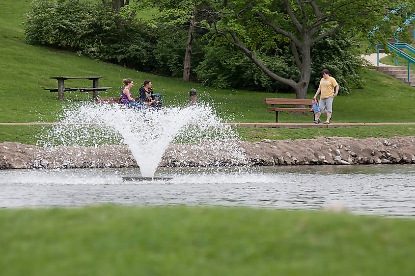 People walking in a part in Ballwin, Missouri.