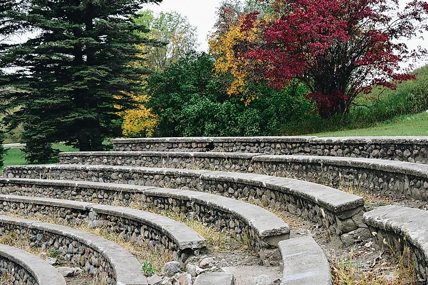 Stone structures and historic masonry at Pioneer Park in Valley City, North Dakota.