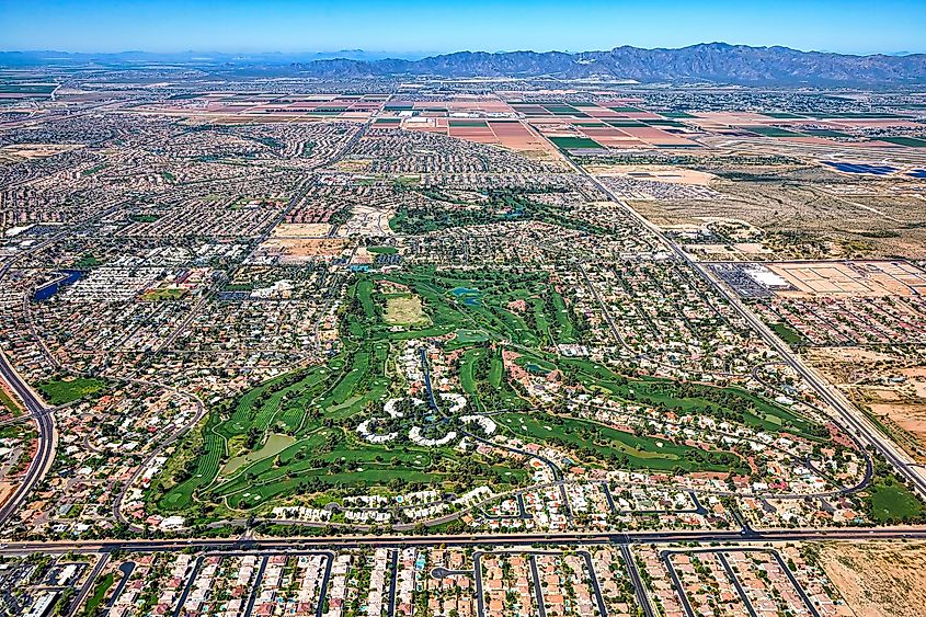 Litchfield Park Park, Arizona aerial view looking west with the White Tank Mountains in the distance.