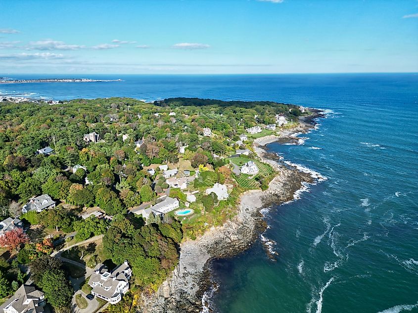 Aerial view of the coastline of Kennebunkport, Maine. 