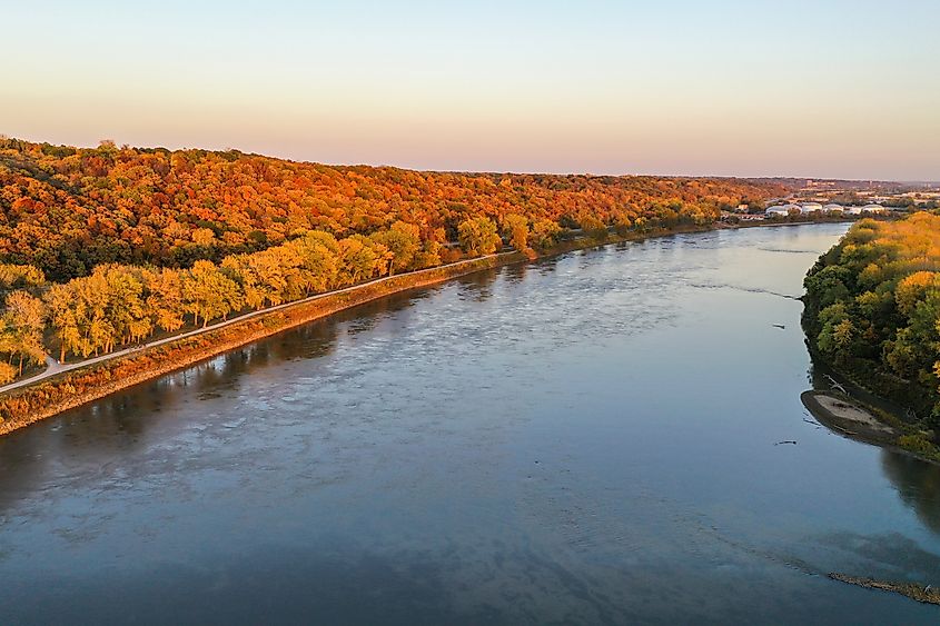 Aerial view of the Missouri River and English Landing Park in Parkville, Missouri.