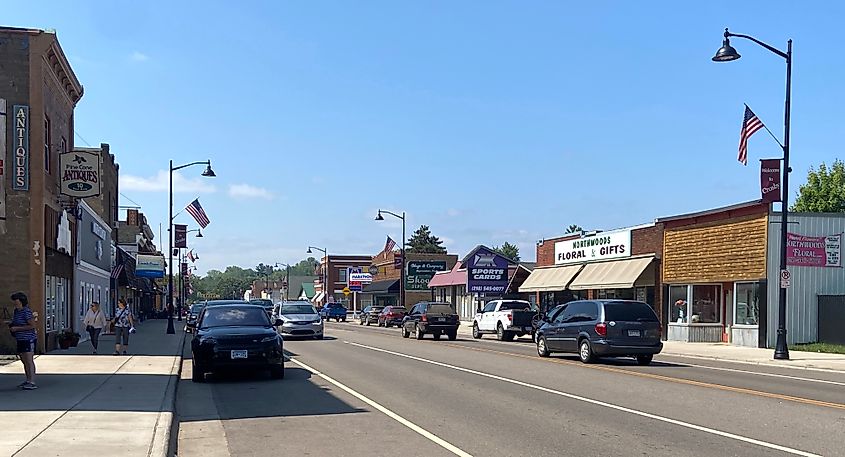 Stores along a downtown street in the town of Crosby, Minnesota.