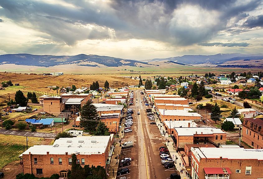 Aerial view of Broadway Street in Philipsburg, Montana, the county seat of Granite County, United States.