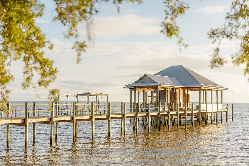 A scenic view of a picturesque lake in Fairhope, Alabama, features a peaceful pier extending over calm waters