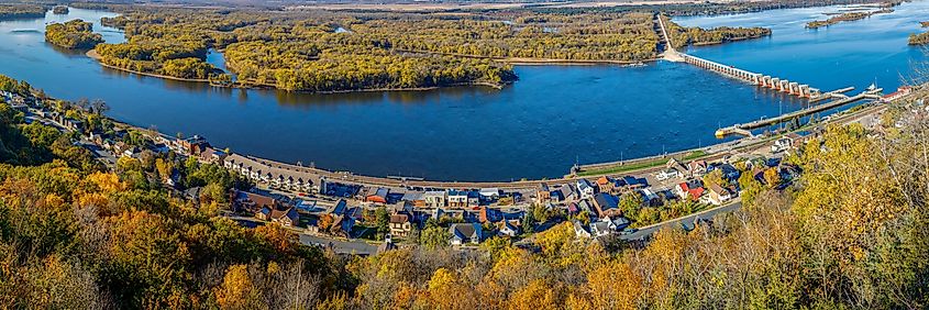 Ariel panorama view from Buena Vista Park during autumn of the Mississippi river at Alma, Wisconsin