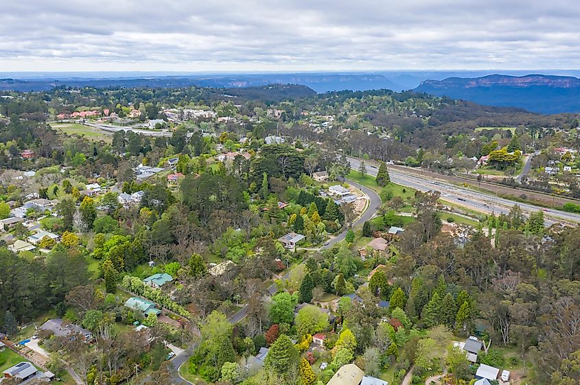 Aerial view of the township of Leura in The Blue Mountains in regional New South Wales 